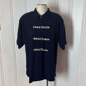 Vintage LORI MICHAELS Navy Blouse | Gold Button Appliqué | Size 16